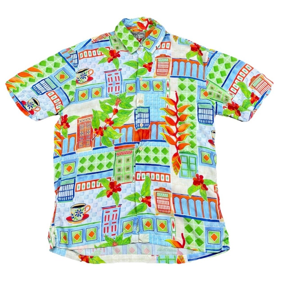 Kenny Flowers Shirt Mens Medium Multicolor Rayon Hawaiian Aloha Tropical